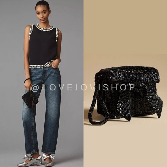 Evening Bag | NWT Anthropologie Beaded Bow Black Wristlet Clutch NYE Feminine - Picture 1 of 12